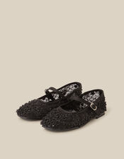 Flower Sparkle Mesh Ballet Flats, Black (BLACK), large