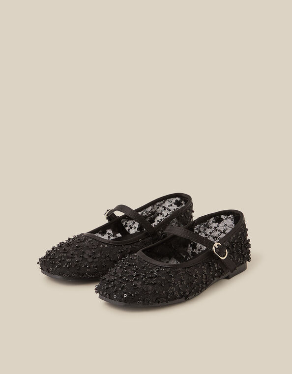 Flower Sparkle Mesh Ballet Flats, Black (BLACK), large