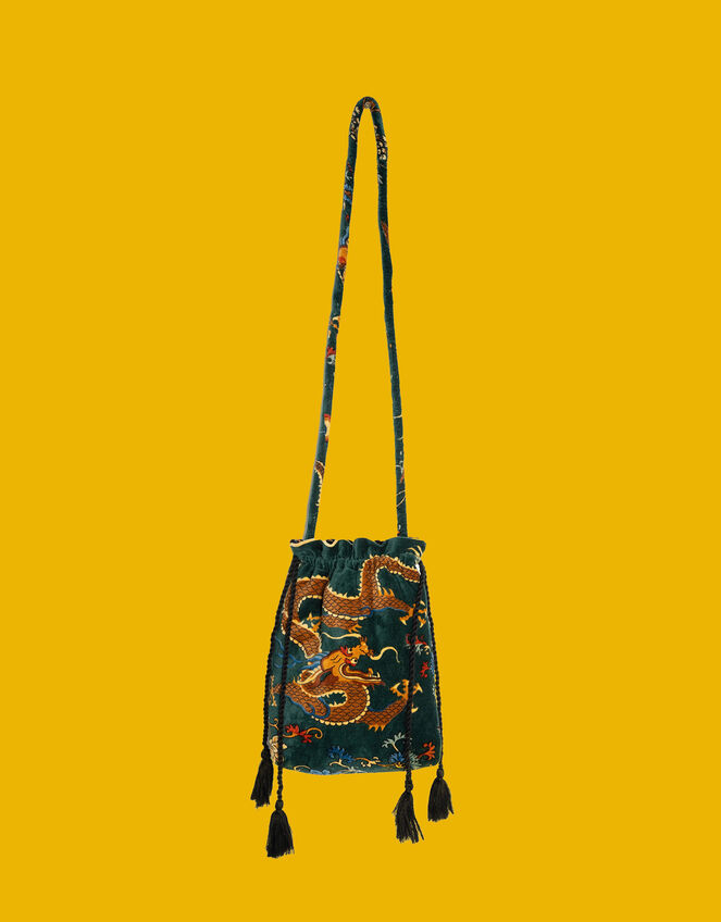 One Hundred Stars Dragon Velvet Tassel Bag, Green (GREEN), large
