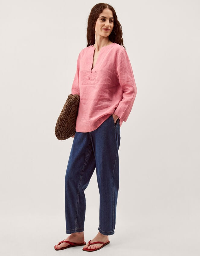 Alexis Knot Button Linen Top, Pink (DUSKY PINK), large