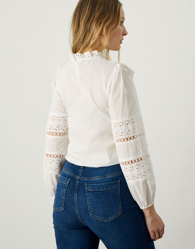 Bib Lace Long Sleeve Top in Sustainable Cotton, Ivory (IVORY), large