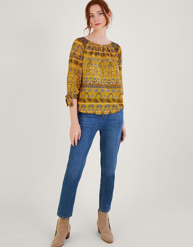 All-Over Leaf Print Smock Jersey Top, Yellow (OCHRE), large
