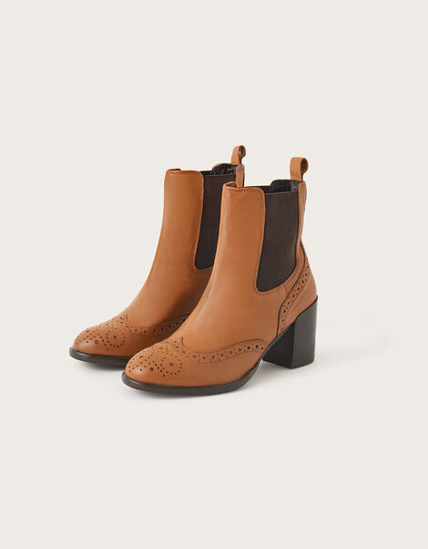 Classic Leather Heeled Brogue Boots, Tan (TAN), large