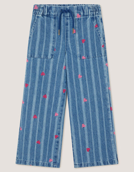 Embroidered Heart Stripe Denim Jeans, Blue (BLUE), large