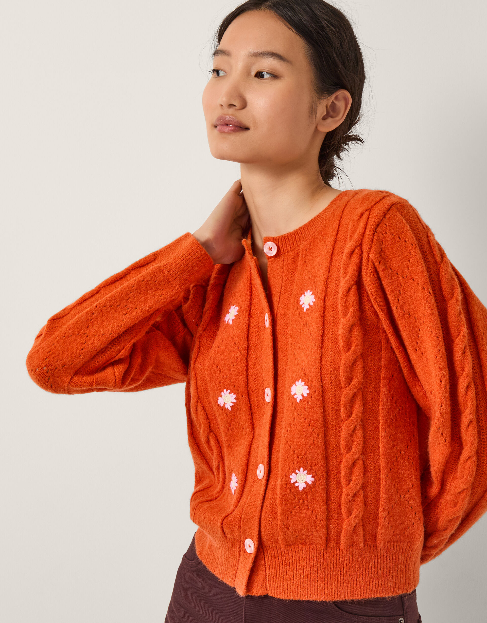 Enya Floral Cable Knit Cardigan Orange | Cardigans | Monsoon Global.