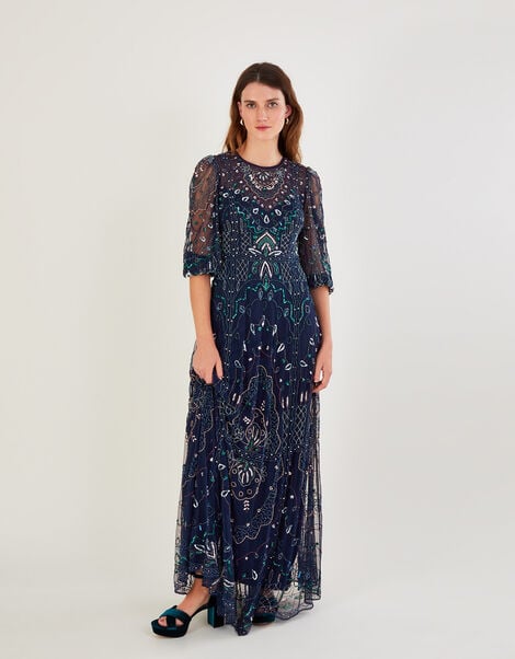 Lily Embellished Maxi Dress with Recycled Polyester  Blue, Blue (NAVY), large