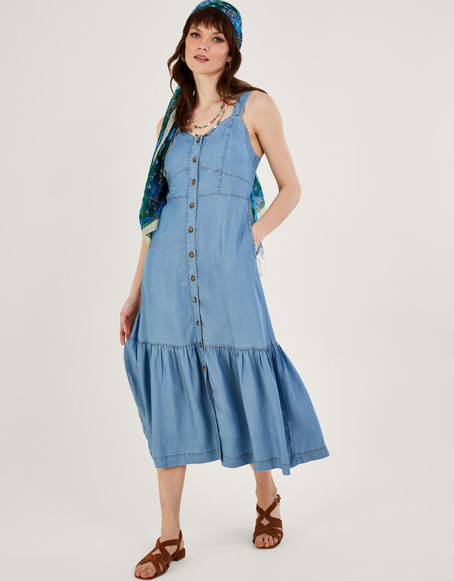 Tiered Denim Midi Sundress, Blue (DENIM BLUE), large