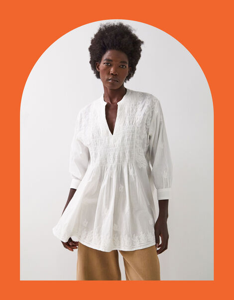 East Donnie Smocked Embroidered Top, White (WHITE), large