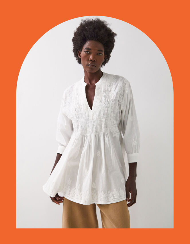 East Donnie Smocked Embroidered Top, White (WHITE), large