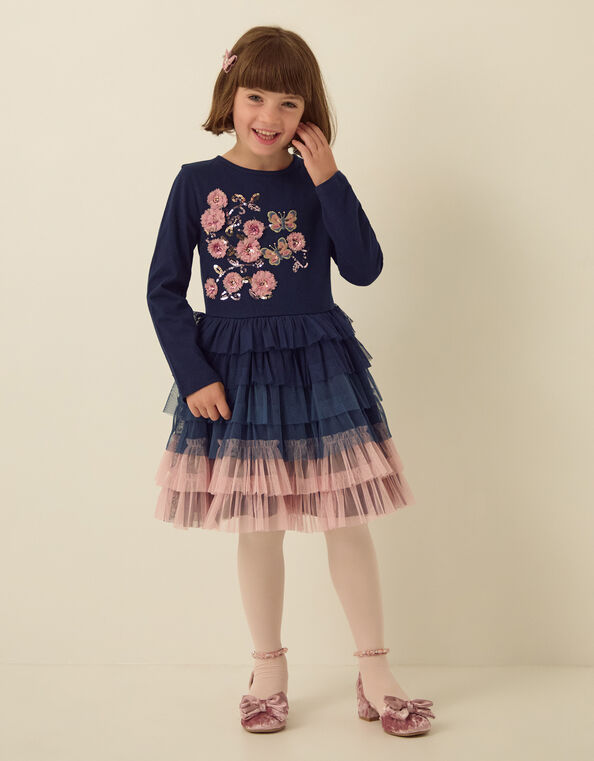 Floral Embellished Long Sleeve Disco Dress, Blue (NAVY), large