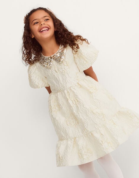 Josephine Puff Sleeve Jacquard Party Dress, Gold (GOLD), large