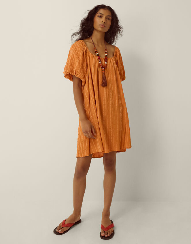 Yara Puff Sleeve Stripe Mini Dress, Tan (TAN), large