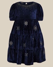 Snowflake Sparkle Velour Party Dress, Blue (NAVY), large