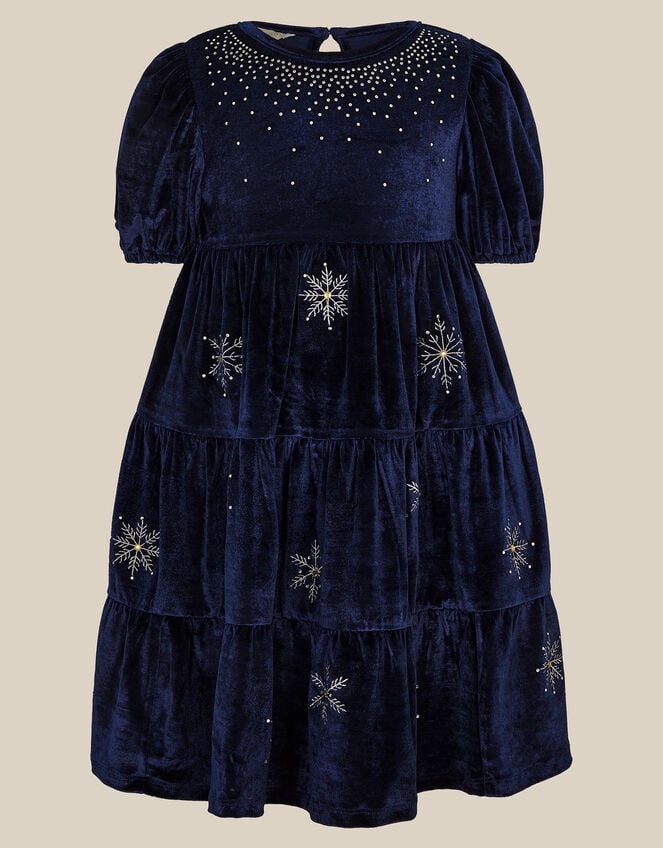 Snowflake Sparkle Velour Party Dress, Blue (NAVY), large