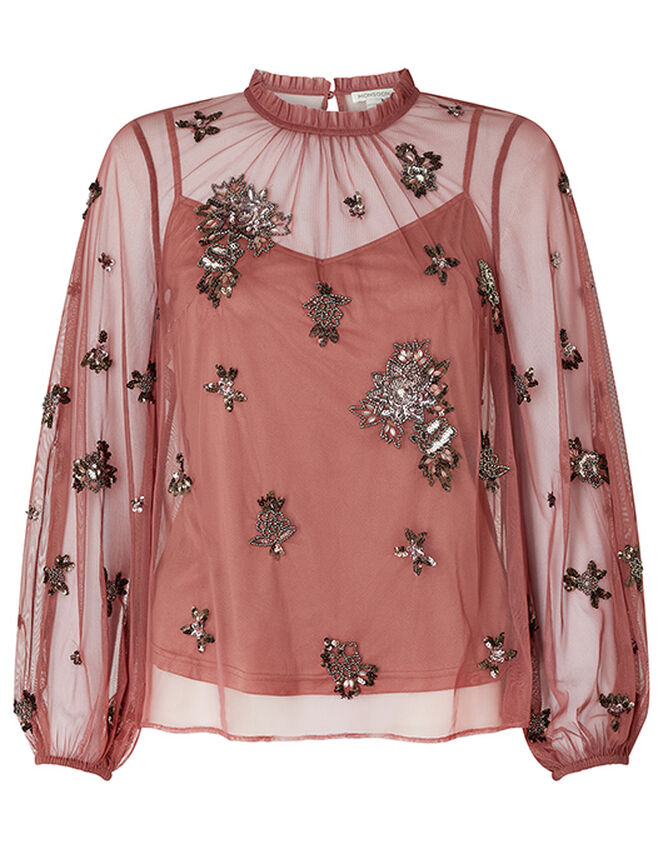 Rosanna Sustainable Embellished Mesh Blouse, Pink (ROSE), large