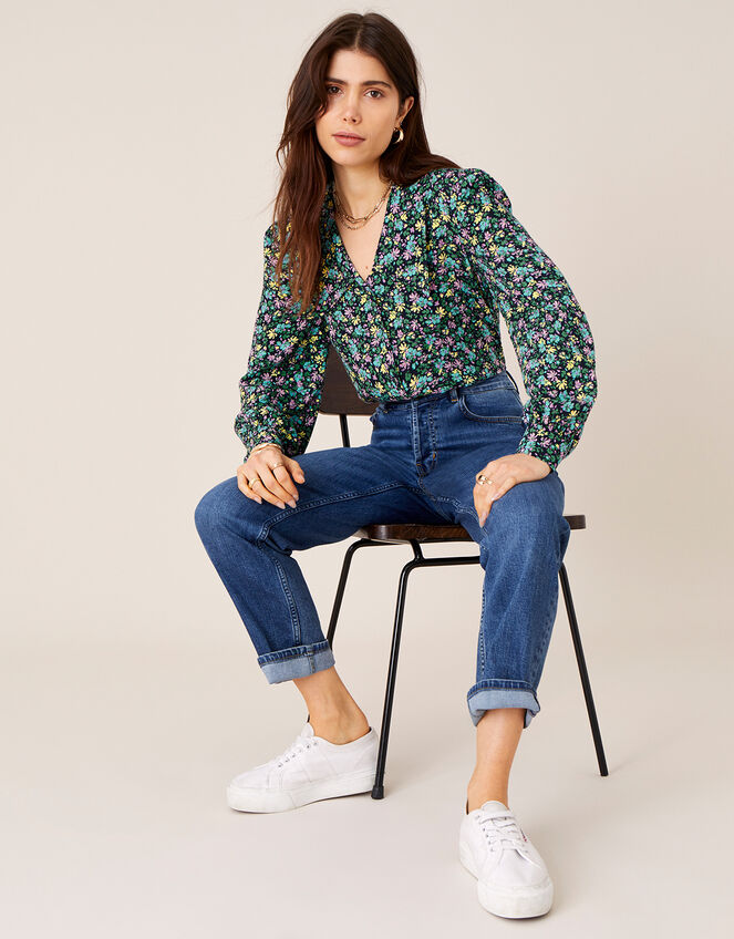 Ditsy Floral Print Collar Top, Blue (NAVY), large
