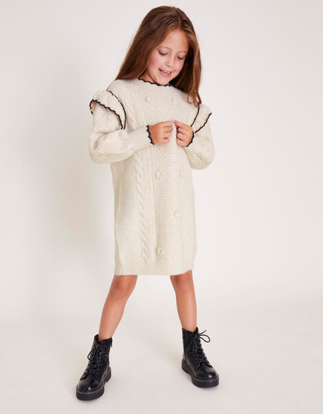Frill Cable Knit Jumper Dress, Camel (OATMEAL), large