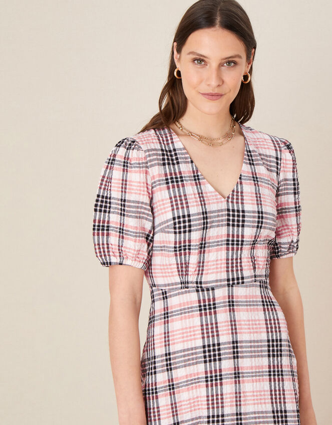 Check Print Textured Midi Dress, Natural (STONE), large
