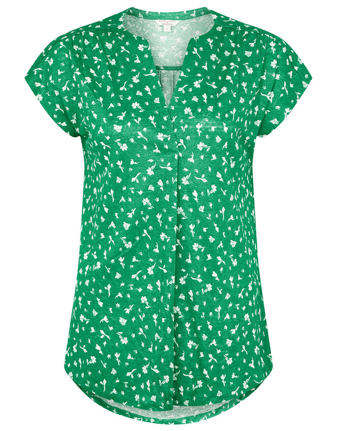 Candra Printed Top in Pure Linen, Green (GREEN), large