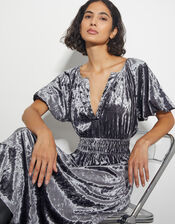 Valle Puff Sleeve Velvet Midi Dress, Grey (GREY), large
