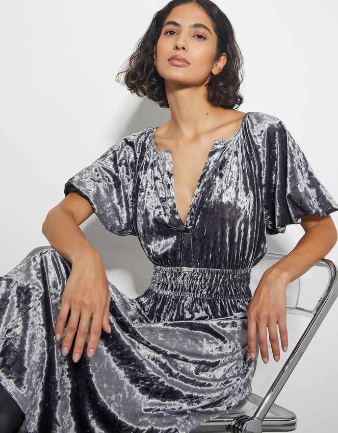 Valle Puff Sleeve Velvet Midi Dress, Grey (GREY), large