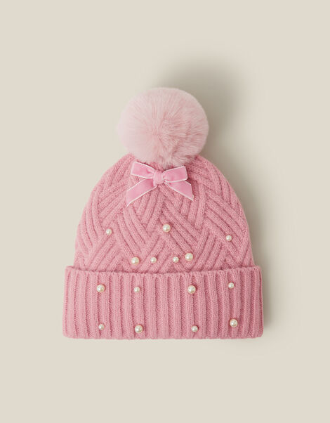 Pearl Cable Knit Bobble Hat, Pink (PINK), large