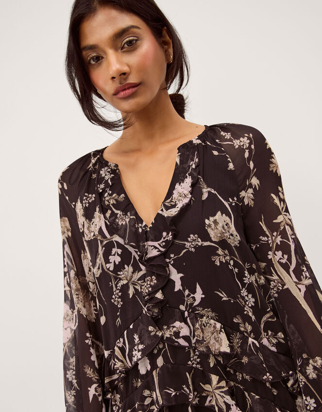 Jada Floral Print Ruffle Midi Dress, Brown (CHOCOLATE), large