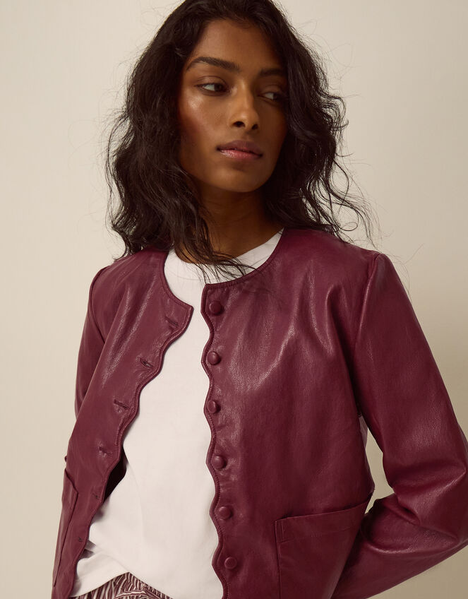 Penelope Scallop Faux Leather Jacket, Red (BERRY), large