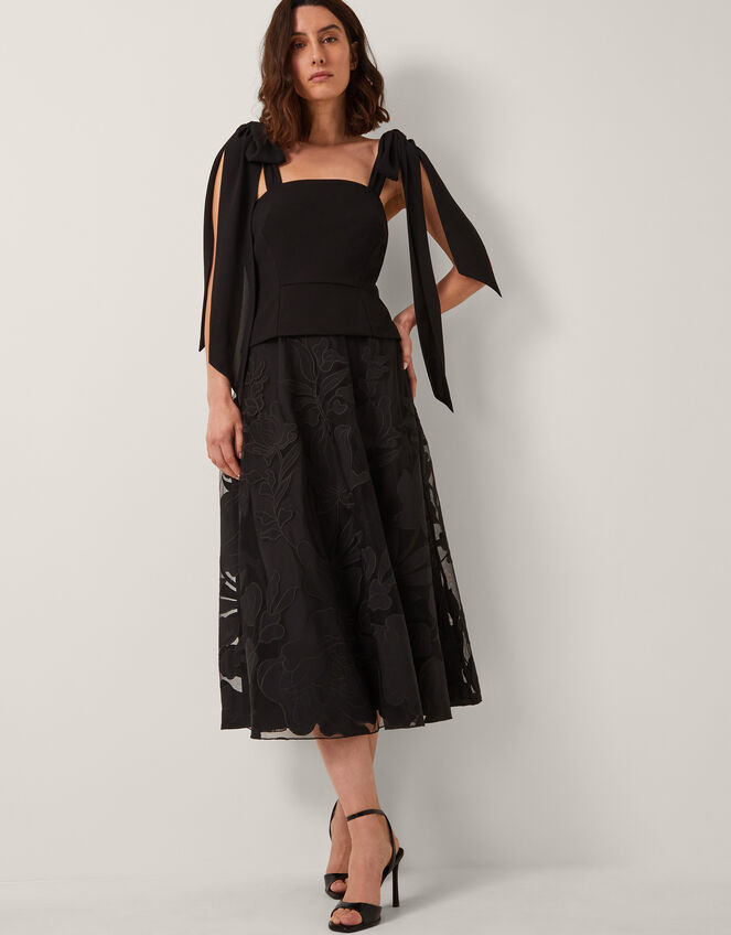 Briana Tie Floral Appliqué Midi Dress, Black (BLACK), large