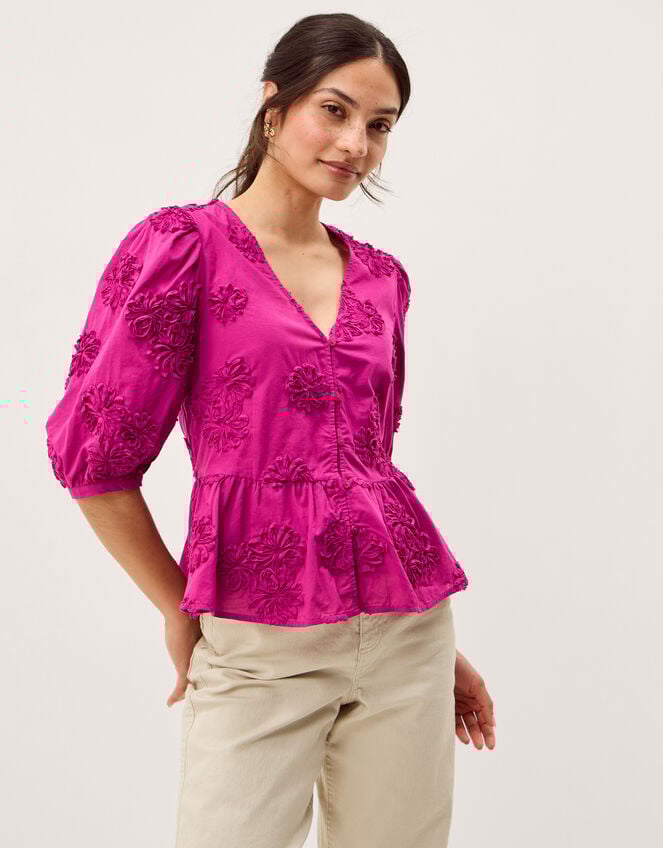 Tammy Puff Sleeve Embroidered Top, Pink (BRIGHT PINK), large