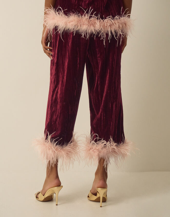 Emma Feather Cropped Crushed Velvet Trousers, Red (BURGUNDY), large