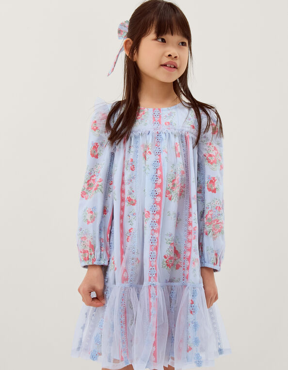 Floral Broderie Long Sleeve Dress & Hair Scrunchie, Blue (BLUE), large
