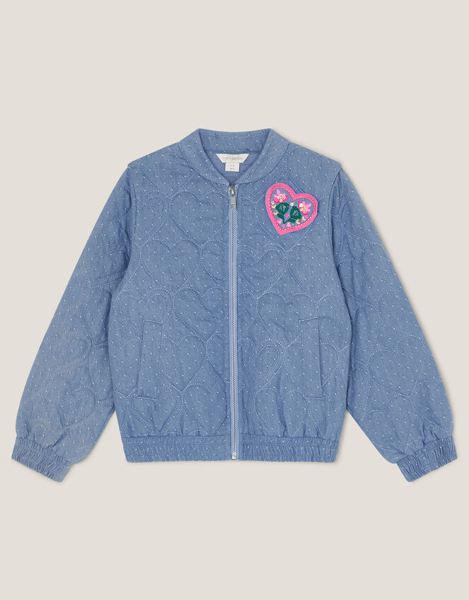 Heart Quilted Chambray Bomber Jacket, Blue (BLUE), large