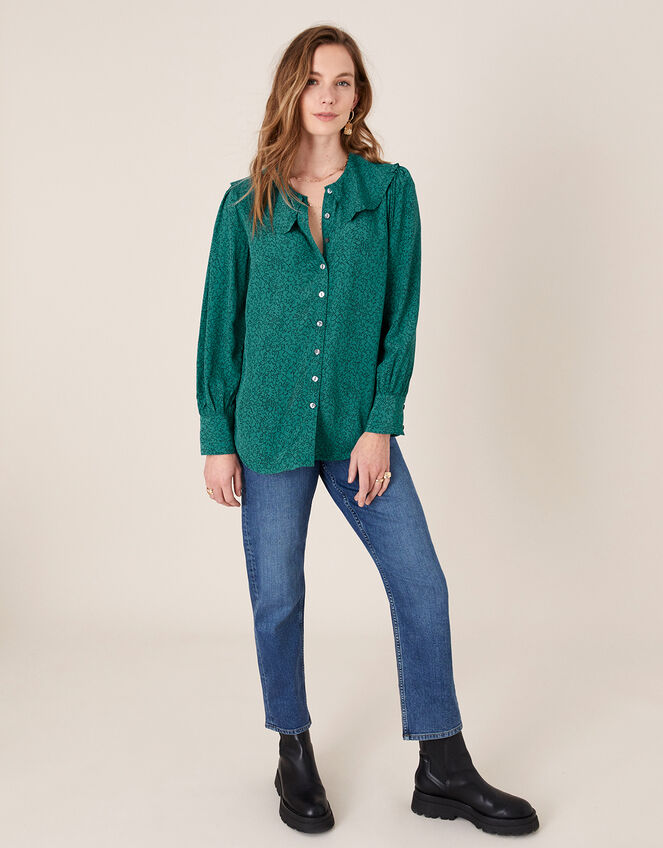 Printed Wide Collar Blouse, Green (GREEN), large