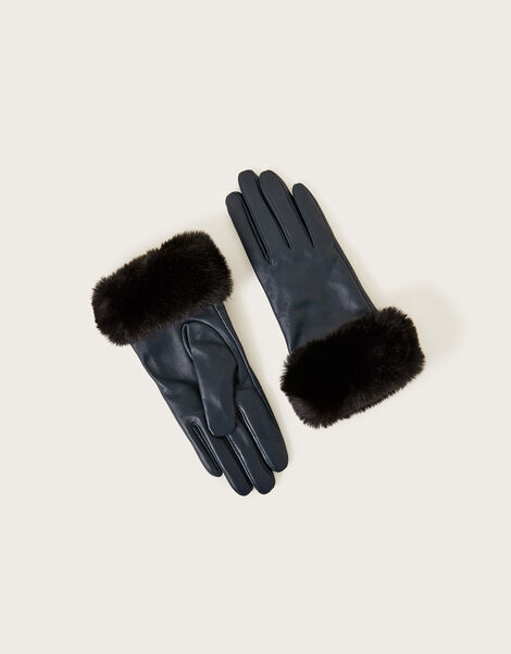 Fur Trim Leather Gloves, Teal (TEAL), large