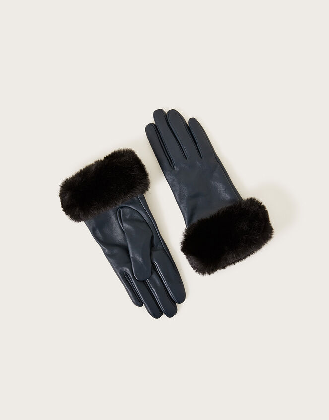 Fur Trim Leather Gloves, Teal (TEAL), large