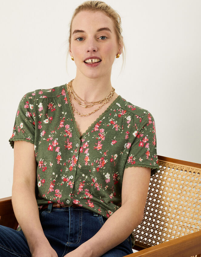 Floral Lace Trim Short Sleeve Linen Top, Green (KHAKI), large