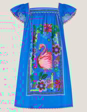 Flamingo Floral Print Beach Dress, Blue (BLUE), large