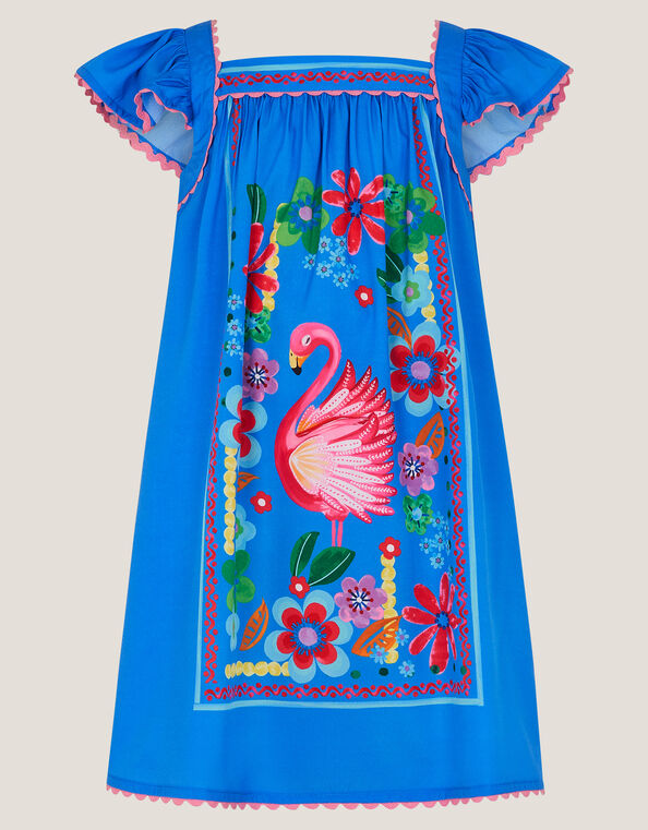 Flamingo Floral Print Beach Dress, Blue (BLUE), large