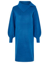 Split Neck Knit Dress, Blue (BLUE), large