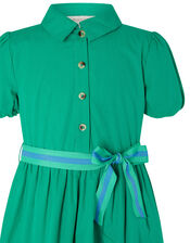 Puff Sleeve Belted Shirt Dress, Green (GREEN), large
