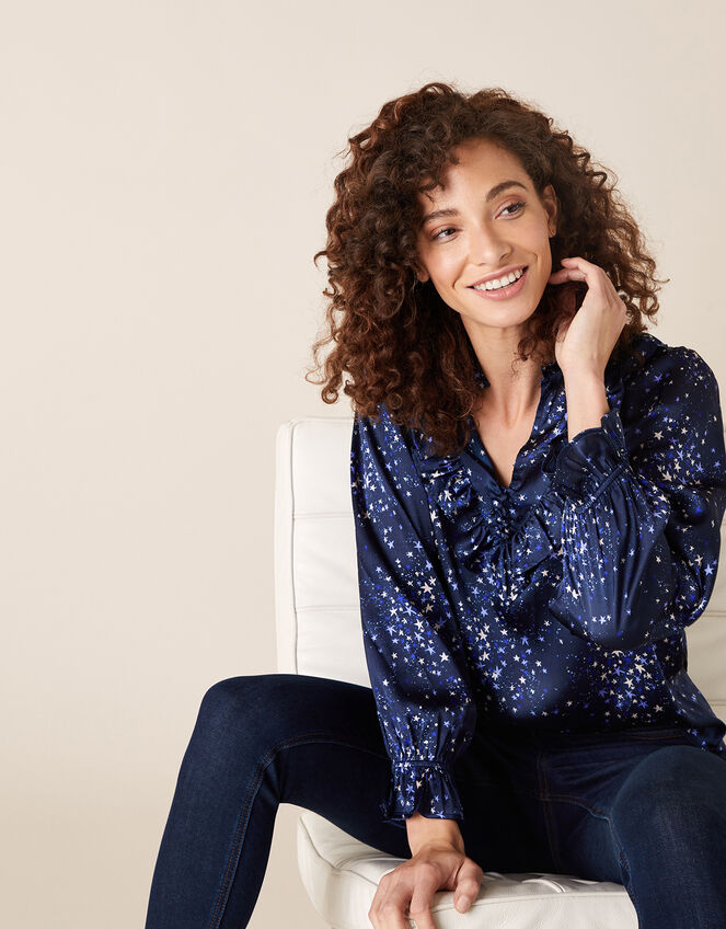 Star Print Satin Blouse, Blue (NAVY), large
