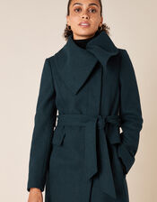 Keryn Wrap Collar Belted Coat, Teal (TEAL), large