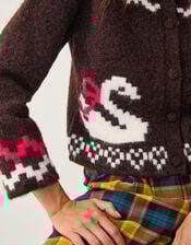Monsoon x Sarah Corbett-Winder Swan Fair Isle Cardigan, Brown (CHOCOLATE), large