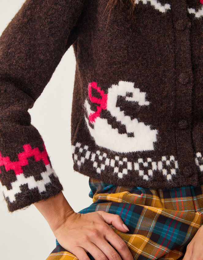 Monsoon x Sarah Corbett-Winder Swan Fair Isle Cardigan, Brown (CHOCOLATE), large