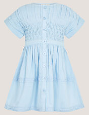 Flower Button Smocked Dress, Blue (BLUE), large