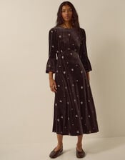 Emilee Floral Embroidered Velvet Midi Dress, Brown (CHOCOLATE), large