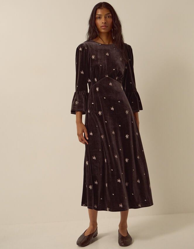 Emilee Floral Embroidered Velvet Midi Dress, Brown (CHOCOLATE), large