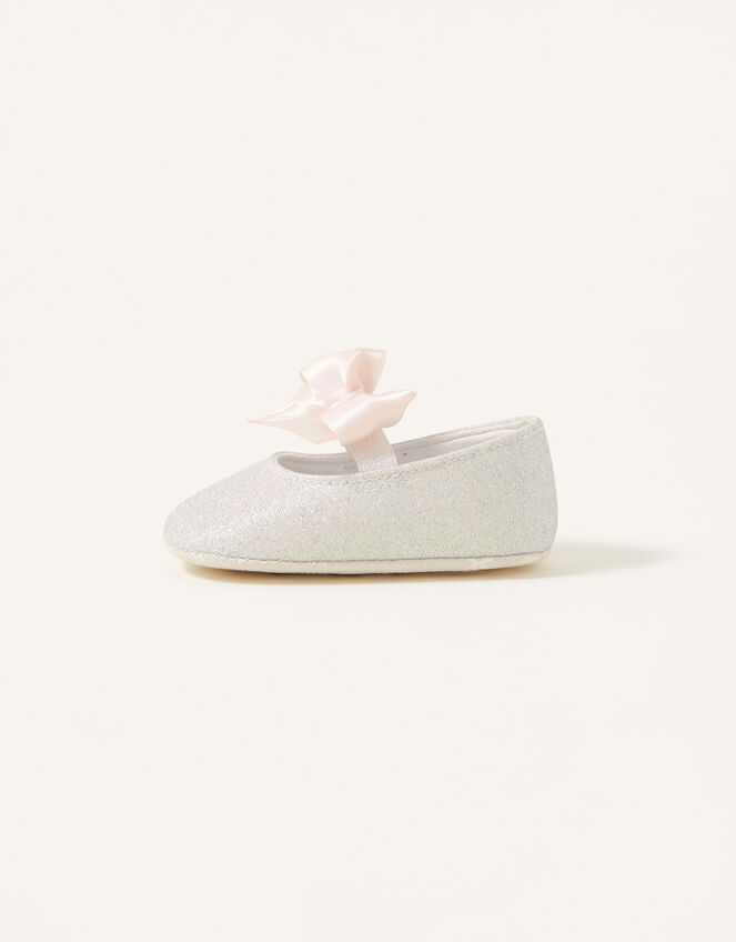 Satin Bow Shimmer Booties, Ivory (IVORY), large