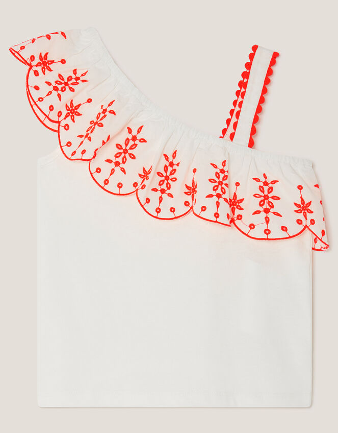 Embroidered Frill One Shoulder Top, Cream (CREAM), large